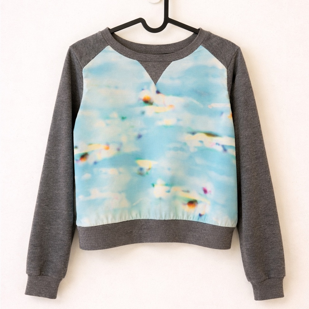 Sense Of Place Japanese Abstract Print Raglan Sweatshirt Gray Blue Pullover